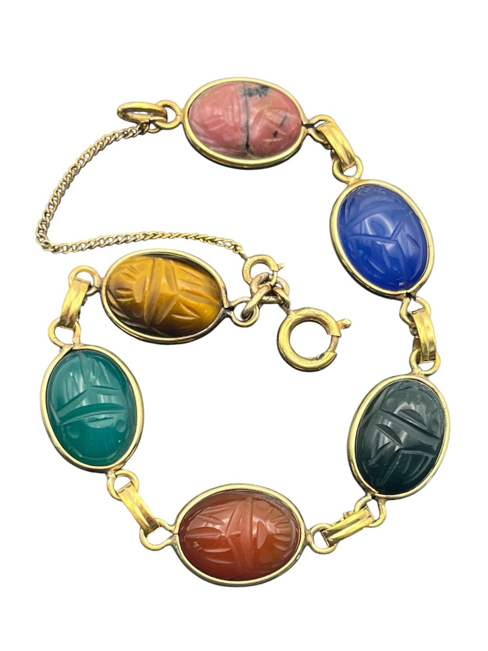 Scarab 12k gold filled multi colored stone beetle bracelet Egyptian Revival